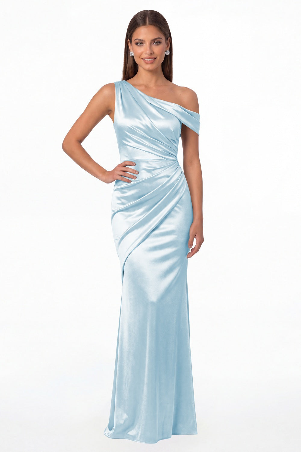 Light Blue One Shoulder Ruched Satin Mermaid Maxi Gown - Front View