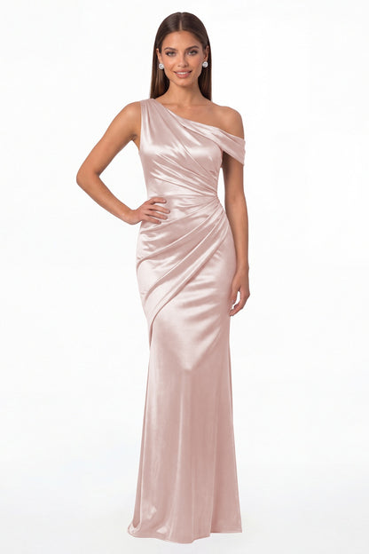 Light Pink One Shoulder Ruched Satin Mermaid Maxi Gown - Front View