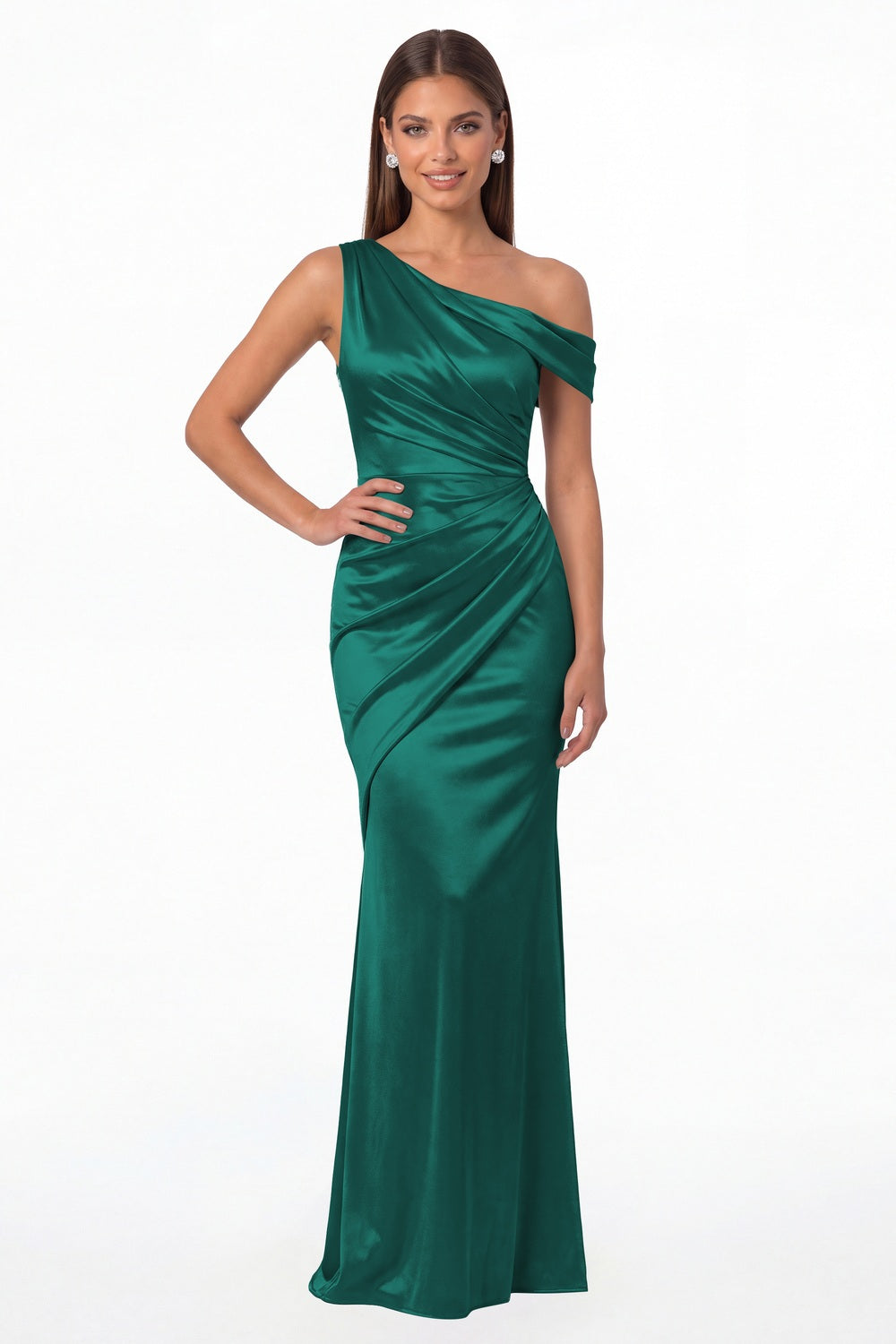 Peacock One Shoulder Ruched Satin Mermaid Maxi Gown - Front View