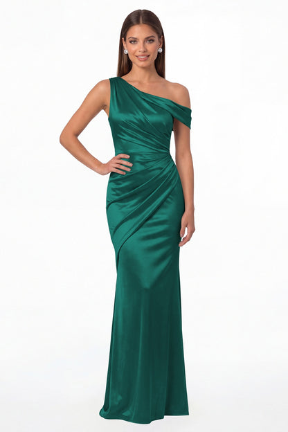 Peacock One Shoulder Ruched Satin Mermaid Maxi Gown - Front View