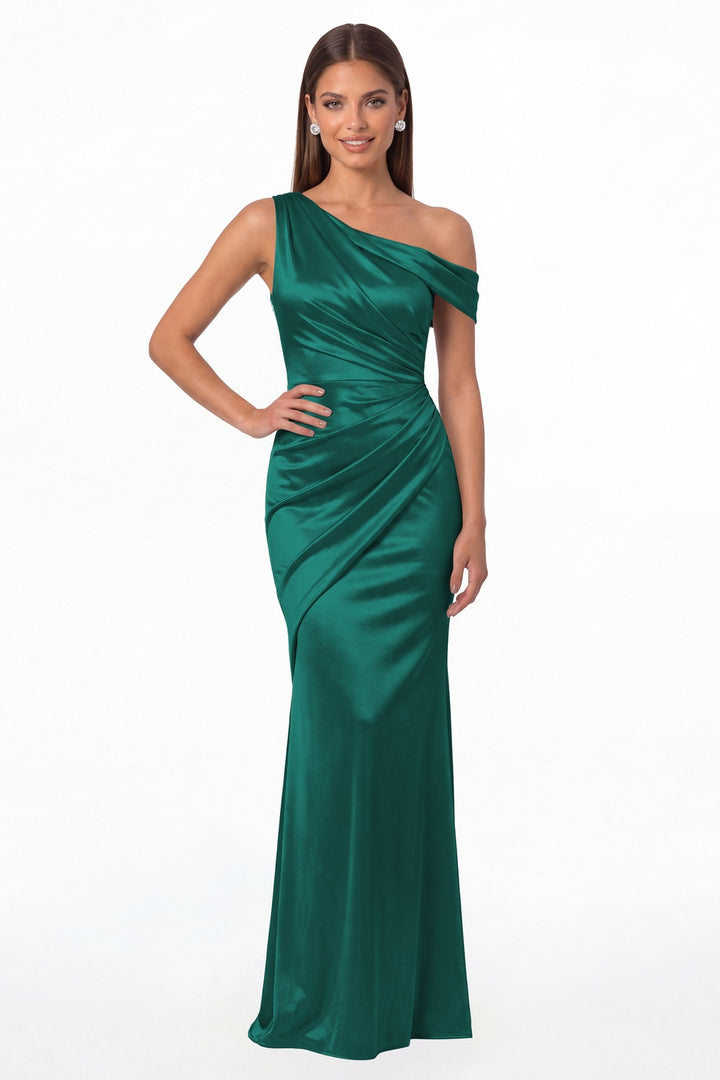 Peacock One Shoulder Ruched Satin Mermaid Maxi Gown - Front View