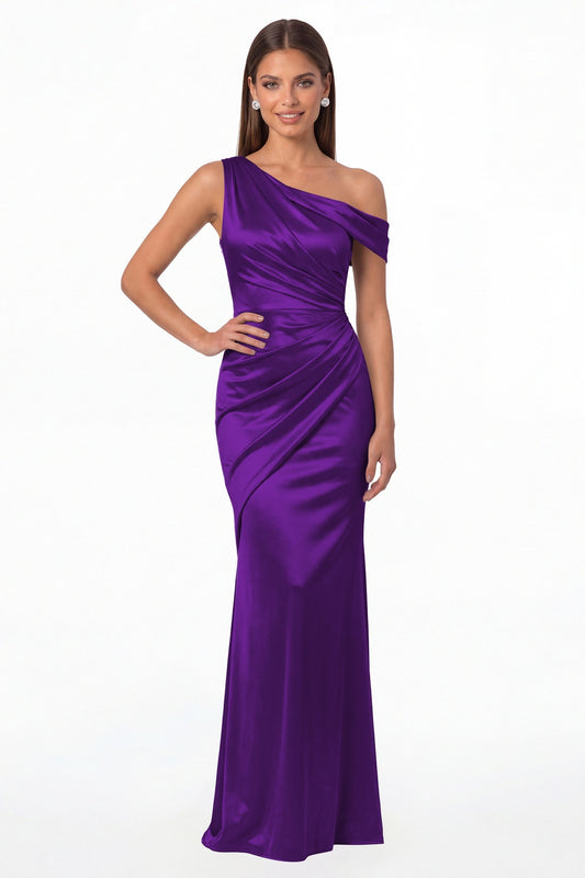 Purple One Shoulder Ruched Satin Mermaid Maxi Gown - Front View