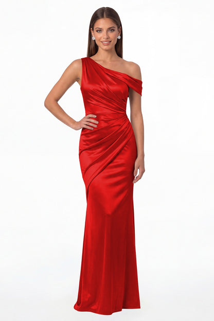 Red One Shoulder Ruched Satin Mermaid Maxi Gown - Front View