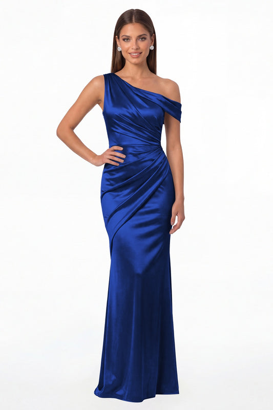 Royal Blue One Shoulder Ruched Satin Mermaid Maxi Gown - Front View