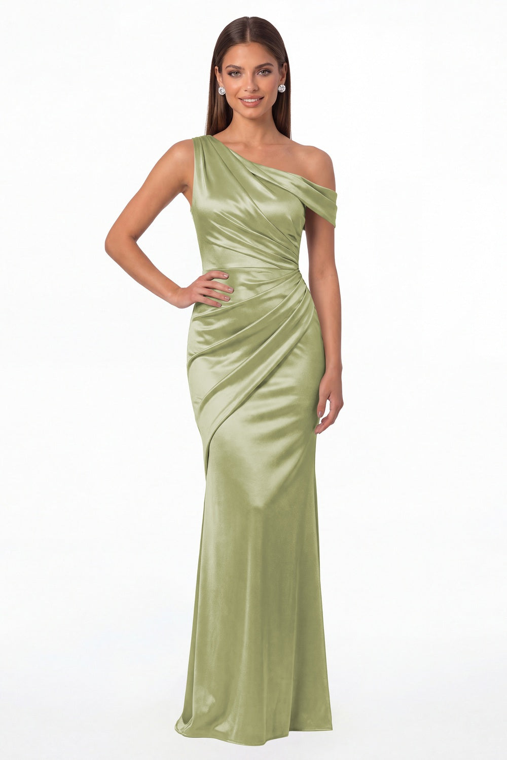 Sage Green One Shoulder Ruched Satin Mermaid Maxi Gown - Front View