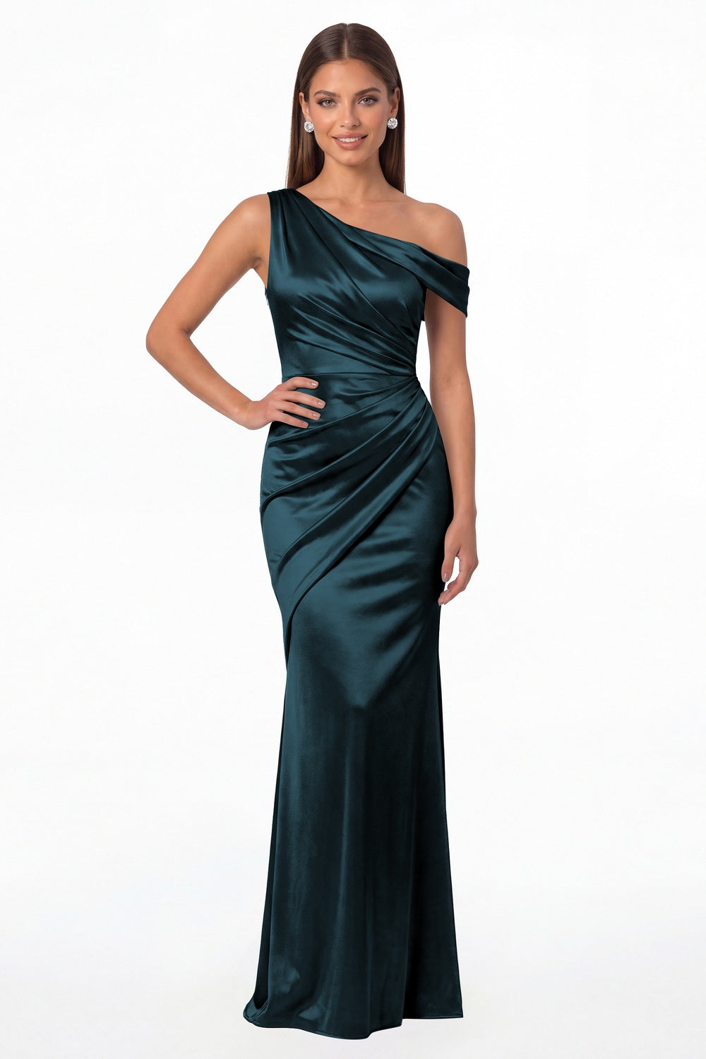 Teal One Shoulder Ruched Satin Mermaid Maxi Gown - Front View