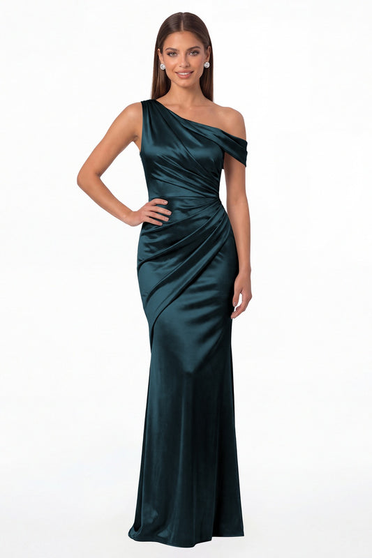Teal One Shoulder Ruched Satin Mermaid Maxi Gown - Front View