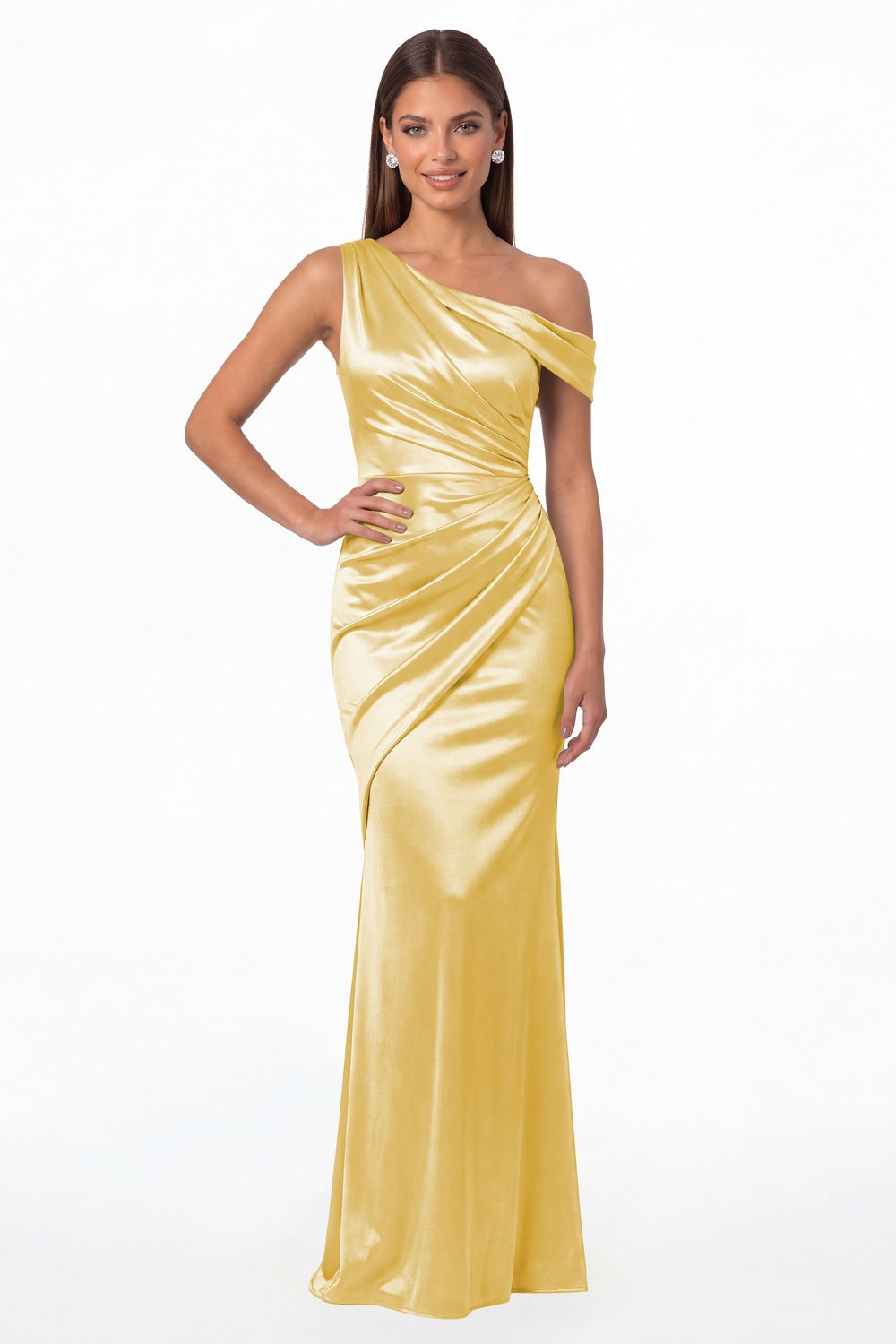 Yellow One Shoulder Ruched Satin Mermaid Maxi Gown - Front View