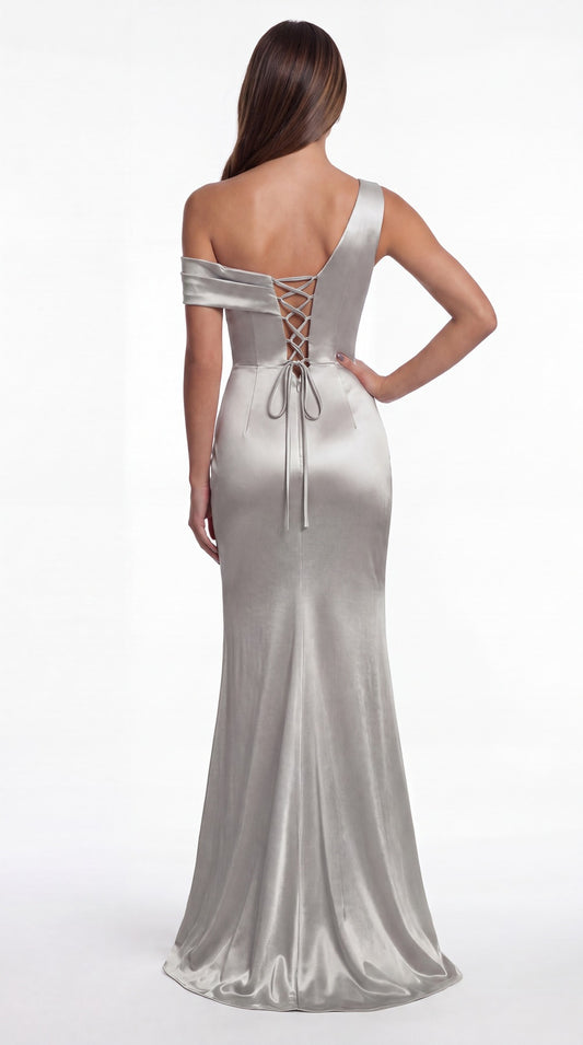 One Shoulder Ruched Satin Mermaid Maxi Gown - Back View