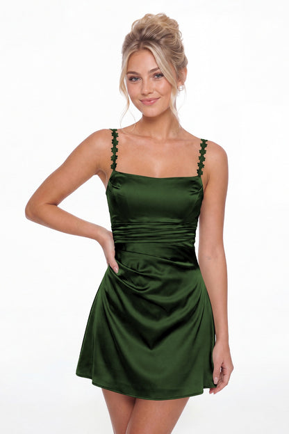 Emerald Green Spaghetti Strap Satin Mini Homecoming Dress - Front View