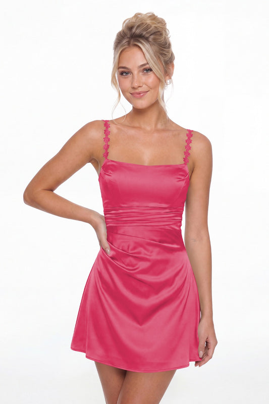 Hot Pink Spaghetti Strap Satin Mini Homecoming Dress - Front View