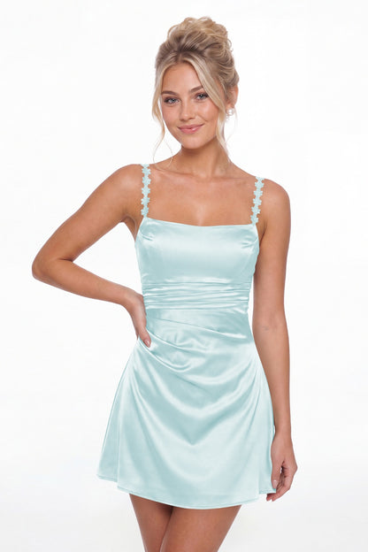 Light Blue Spaghetti Strap Satin Mini Homecoming Dress - Front View