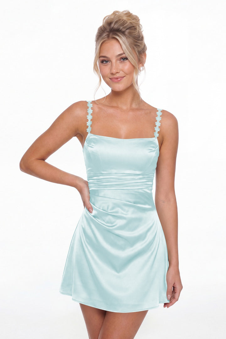 Light Blue Spaghetti Strap Satin Mini Homecoming Dress - Front View