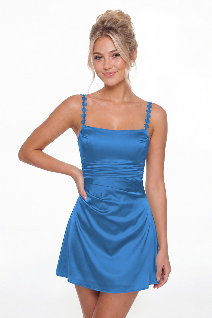 Ocean Blue Spaghetti Strap Satin Mini Homecoming Dress - Front View