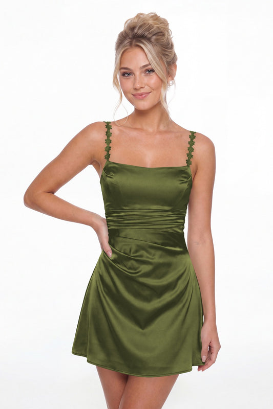 Olive Green Spaghetti Strap Satin Mini Homecoming Dress - Front View