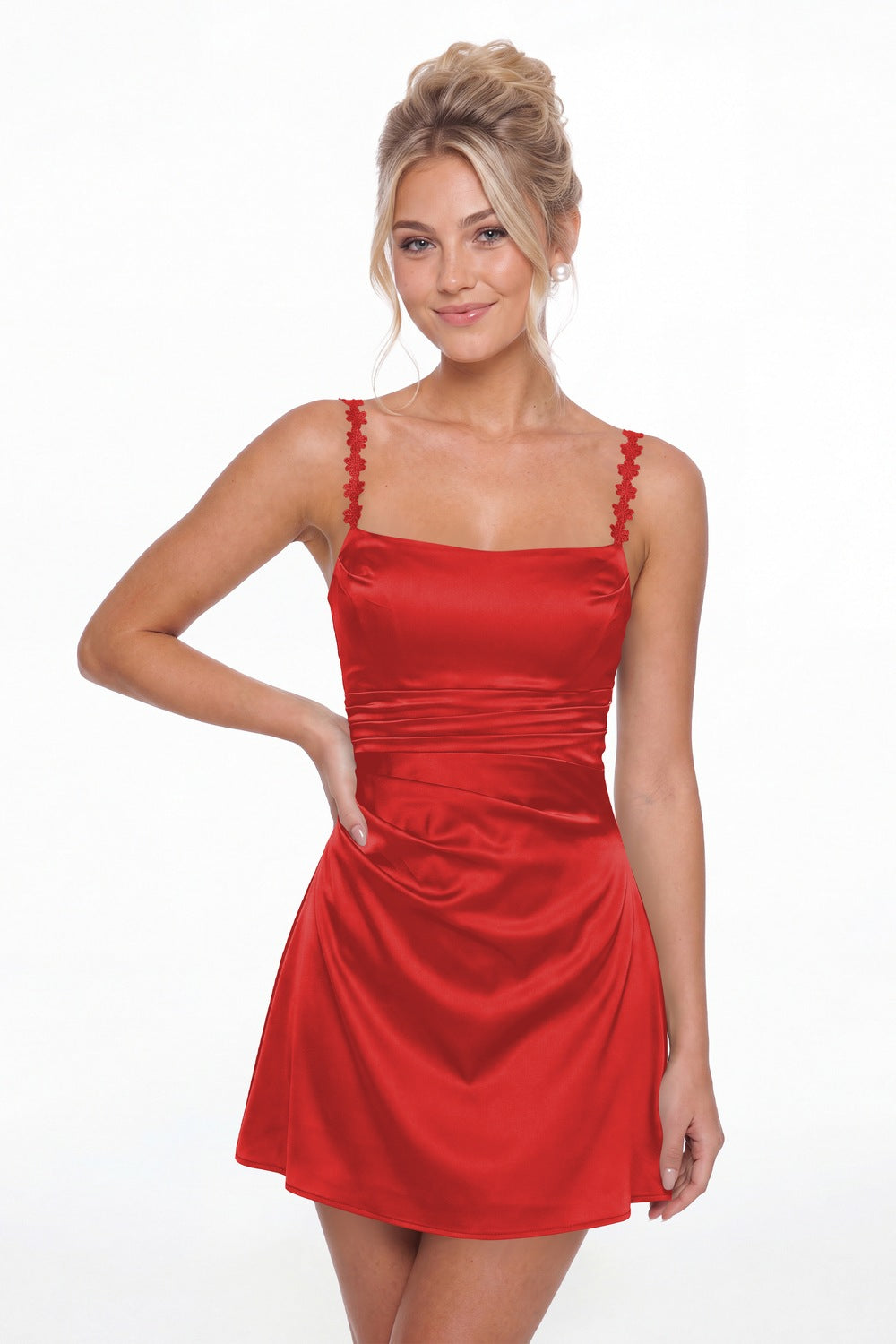 Red Spaghetti Strap Satin Mini Homecoming Dress - Front View