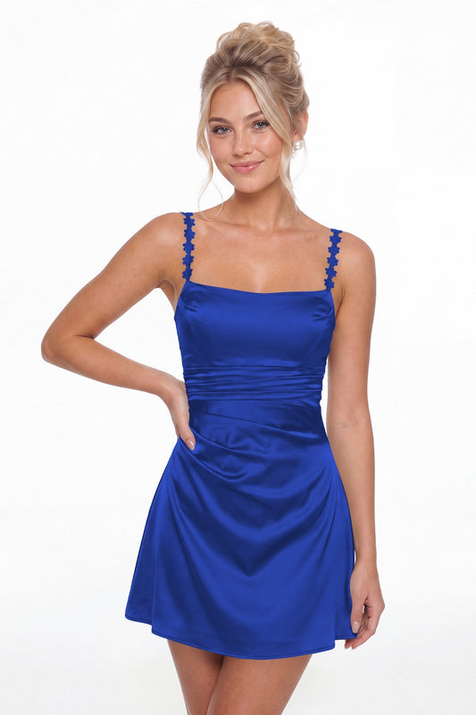 Royal Blue Spaghetti Strap Satin Mini Homecoming Dress - Front View