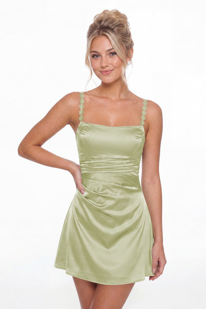 Sage Green Spaghetti Strap Satin Mini Homecoming Dress - Front View