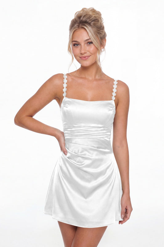 White Spaghetti Strap Satin Mini Homecoming Dress - Front View