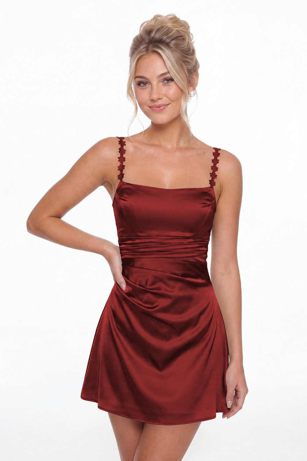 Wine Red Spaghetti Strap Satin Mini Homecoming Dress - Front View