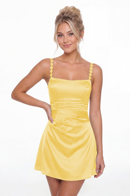 Yellow Spaghetti Strap Satin Mini Homecoming Dress - Front View