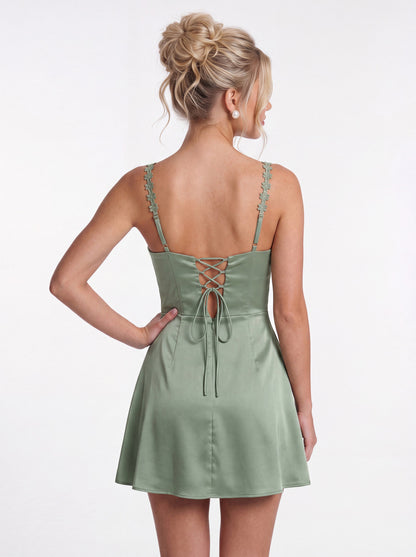 Spaghetti Strap Satin Mini Homecoming Dress - Back View