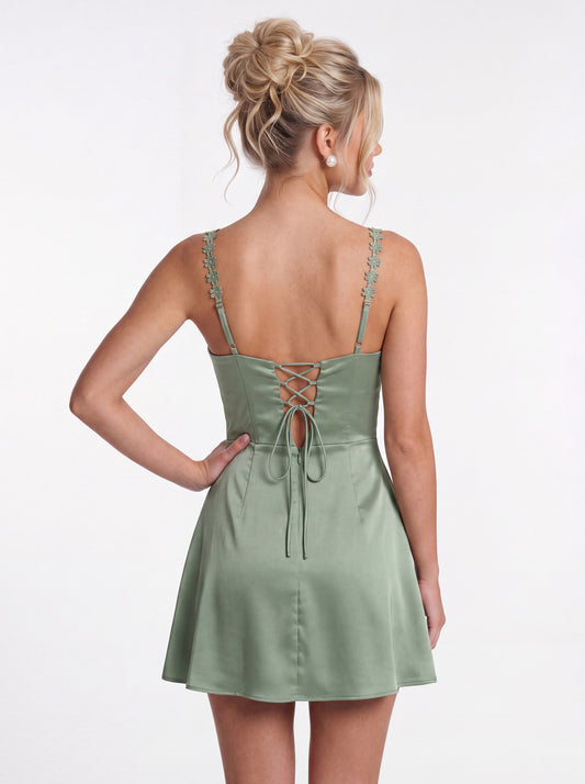 Spaghetti Strap Satin Mini Homecoming Dress - Back View