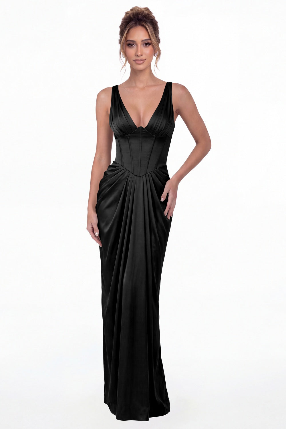Black V Neck Ruched Satin Maxi Dress - Front View