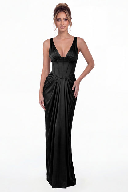 Black V Neck Ruched Satin Maxi Dress - Front View