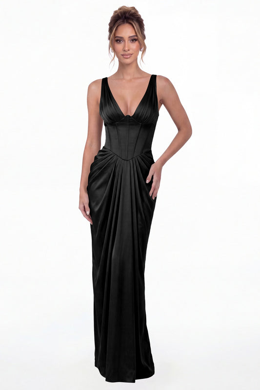 Black V Neck Ruched Satin Maxi Dress - Front View
