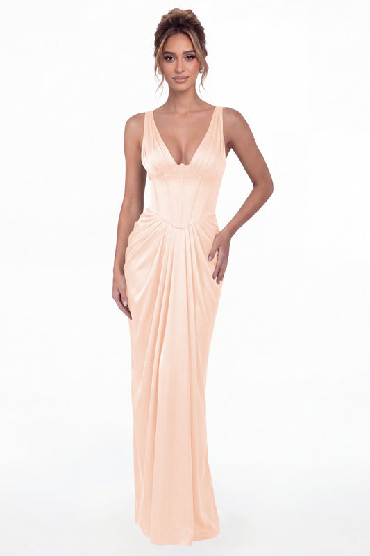 Blush Pink V Neck Ruched Satin Maxi Dress - Front View