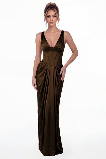 Brown V Neck Ruched Satin Maxi Dress - Front View