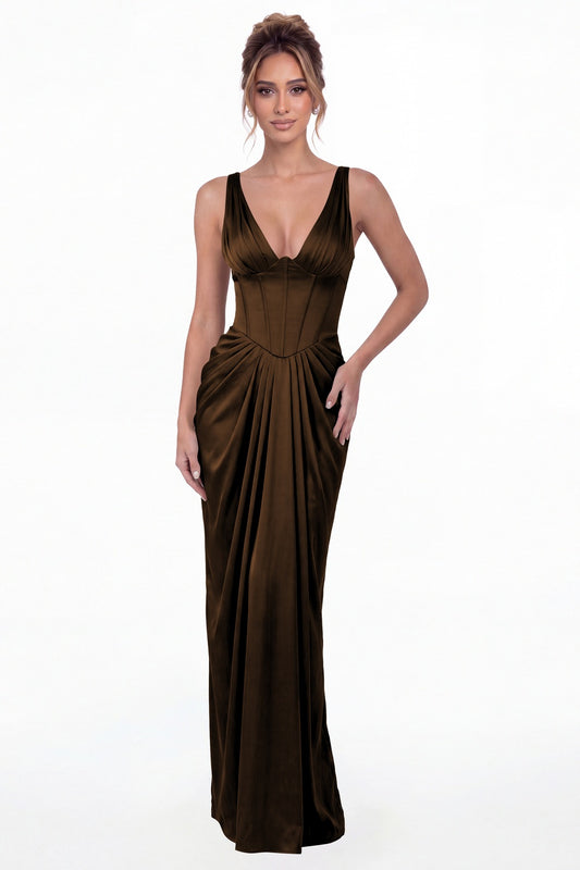 Brown V Neck Ruched Satin Maxi Dress - Front View
