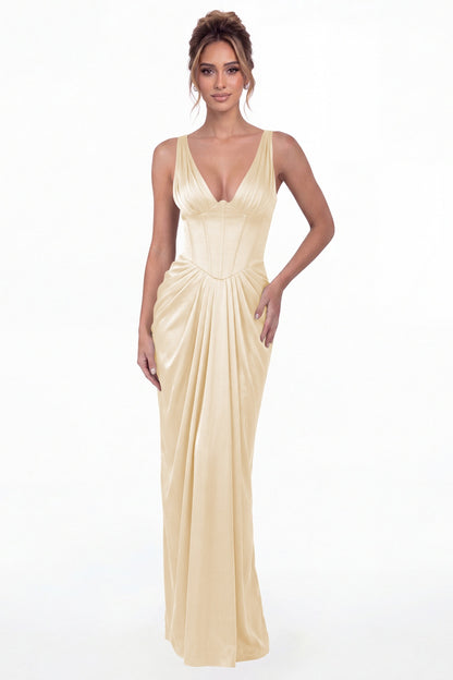Champagne V Neck Ruched Satin Maxi Dress - Front View