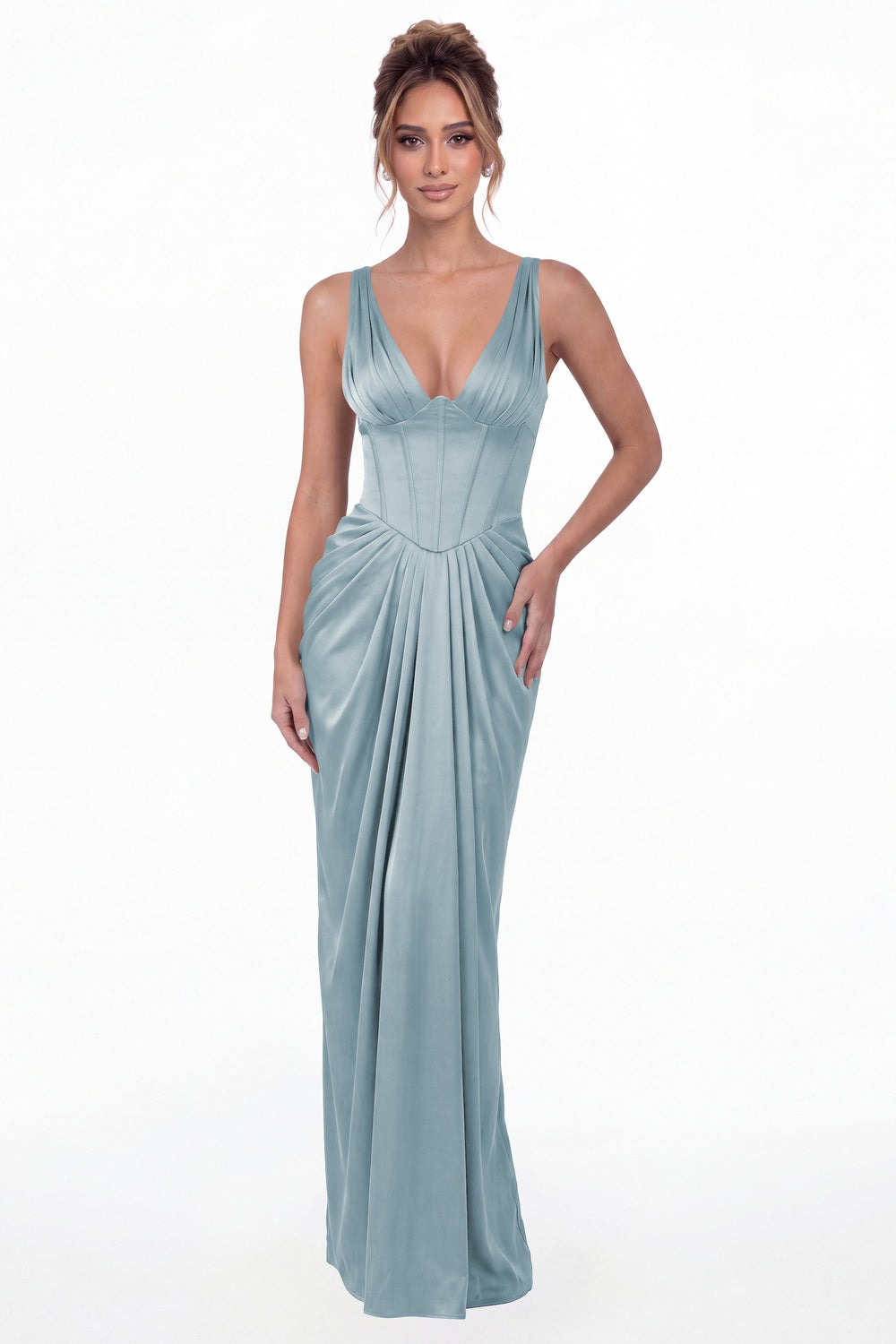 Dusty Blue V Neck Ruched Satin Maxi Dress - Front View