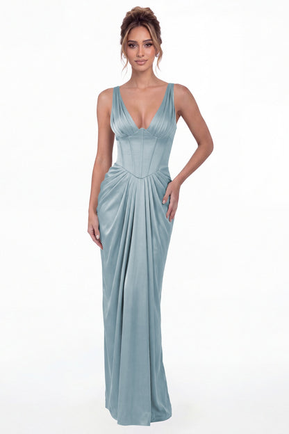 Dusty Blue V Neck Ruched Satin Maxi Dress - Front View