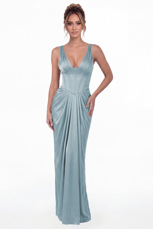 Dusty Blue V Neck Ruched Satin Maxi Dress - Front View