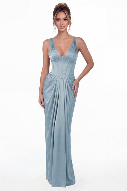 Dusty Blue V Neck Ruched Satin Maxi Dress - Front View