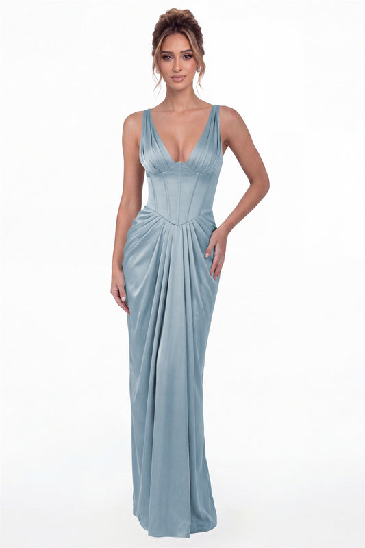 Dusty Blue V Neck Ruched Satin Maxi Dress - Front View