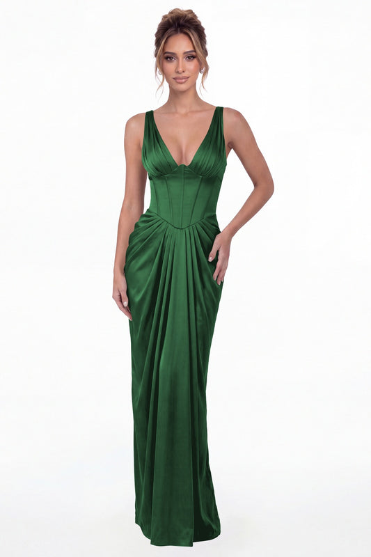 Emerald Green V Neck Ruched Satin Maxi Dress - Front View