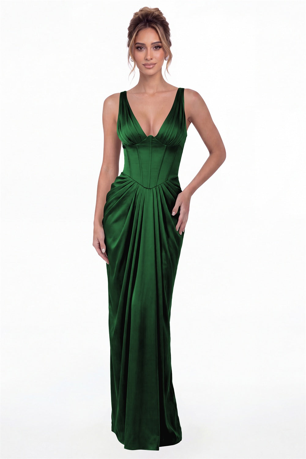 Emerald Green V Neck Ruched Satin Maxi Dress - Front View