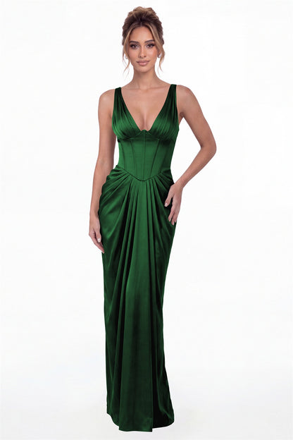 Emerald Green V Neck Ruched Satin Maxi Dress - Front View