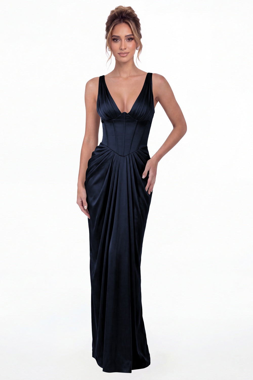 Navy Blue V Neck Ruched Satin Maxi Dress - Front View