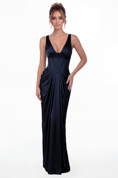 Navy Blue V Neck Ruched Satin Maxi Dress - Front View