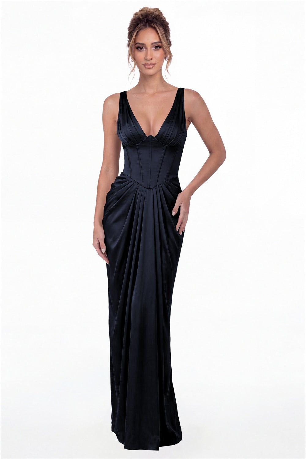 Navy Blue V Neck Ruched Satin Maxi Dress - Front View