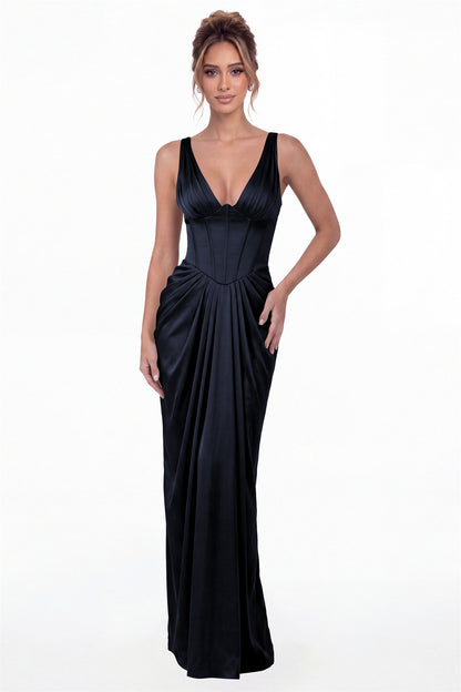 Navy Blue V Neck Ruched Satin Maxi Dress - Front View