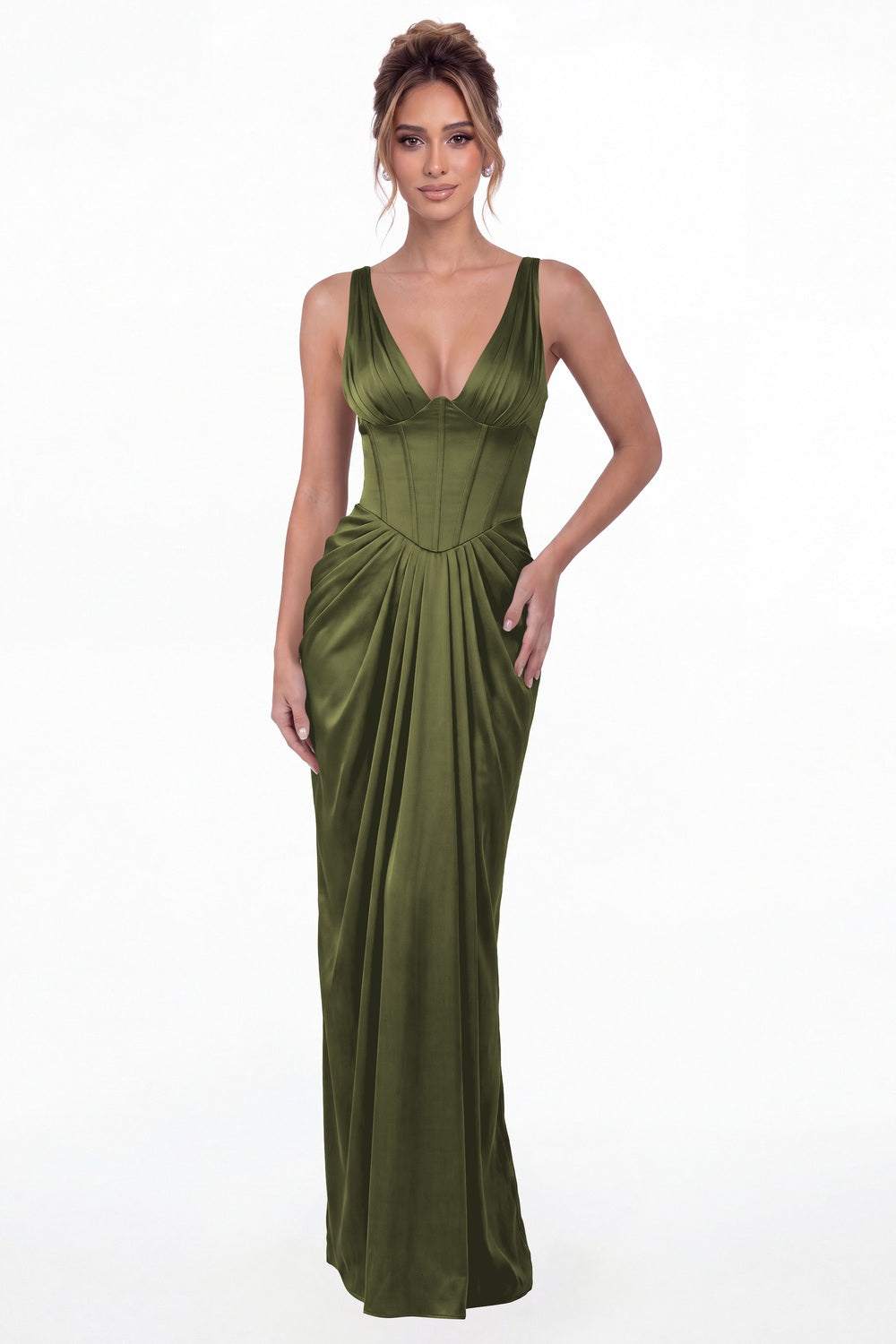 Olive Green V Neck Ruched Satin Maxi Dress - Front View