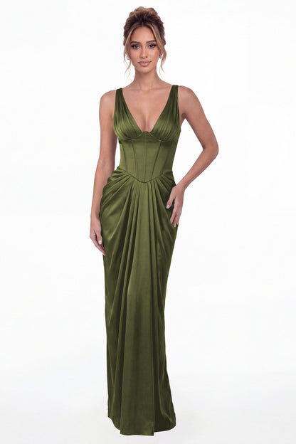 Olive Green V Neck Ruched Satin Maxi Dress - Front View