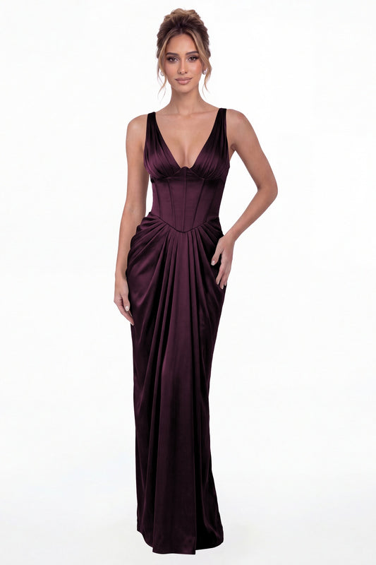 Plum V Neck Ruched Satin Maxi Dress - Front View