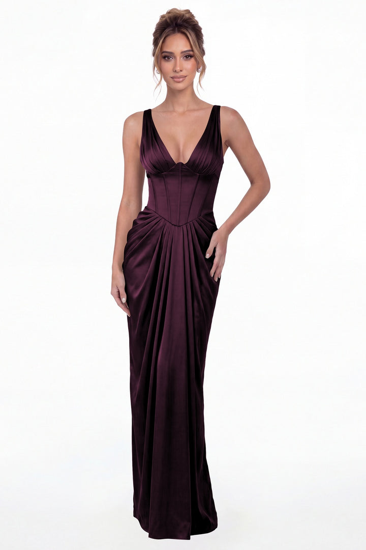 Plum V Neck Ruched Satin Maxi Dress - Front View